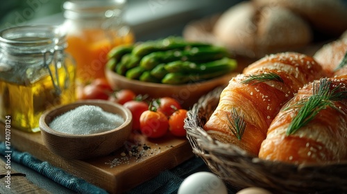 Culinary still life showcasing fresh croissants and garden vegetables