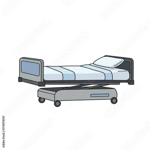 Adjustable hospital bed with medical equipment and clean bedding for patient care and recovery isolated on white background