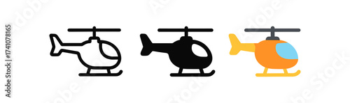 Colorful, minimalist, silhouette helicopter icons in three styles