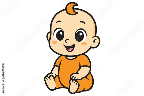 Cute cartoon baby in an orange outfit vector, ideal for children’s books, nursery designs, stickers, and baby product branding.