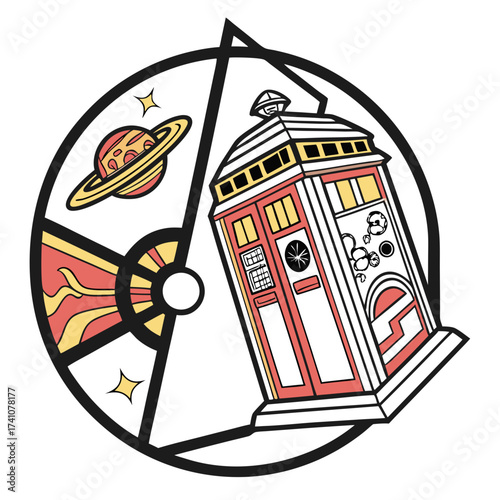 Red and yellow police box with planetary elements time machine