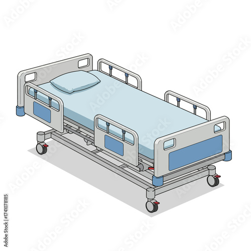 Modern hospital bed with adjustable features and wheels for patient care and mobility isolated on white background