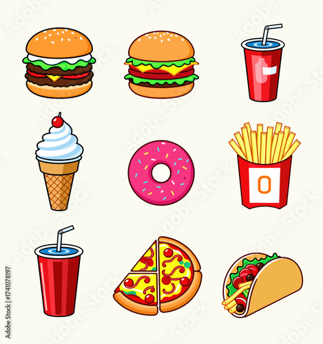 Colorful Fast Food Icons: Burgers, Fries, Pizza, and More
