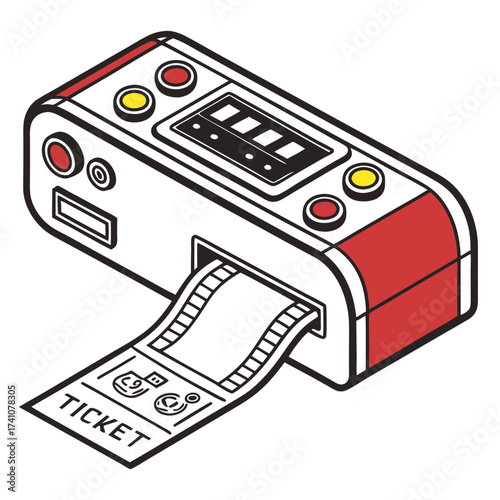 Red and yellow ticket printing machine with ticket