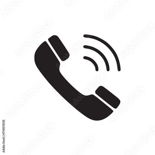 A dark blue telephone receiver with sound waves on a clean white background in a simple illustration