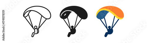 Set of paragliding icons in outline, solid, and colorful styles