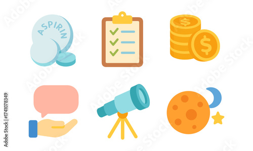 Assorted flat icons for health, finance, communication, and astronomy concepts