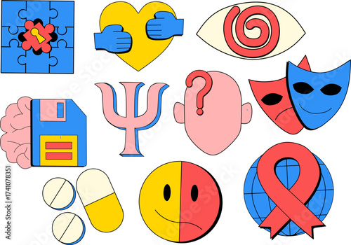 Psychology Vector Elements in Neo Flat Retro Brutalism Style. Abstract Brain, Mind, Helping Hands, Balance, Therapy and Mental Health Symbols for Modern Counseling, Education, and Wellbeing Design.