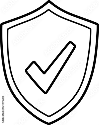 Shield with check mark line icon. Protection and security concept. Black and white vector illustration for web design, app, print