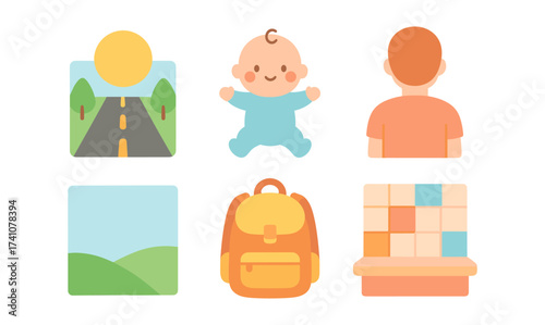 Colorful modern icons featuring baby, road, and more in flat design
