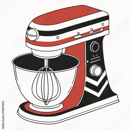 Red black and white stand mixer with whisk kitchen appliance