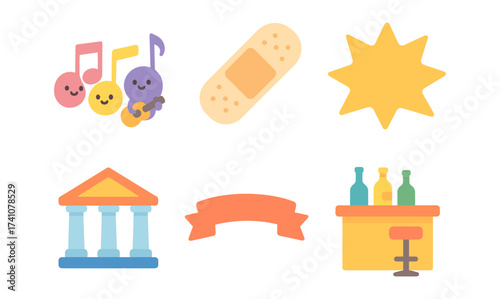 Cute musical notes and playful icons in pastel flat design