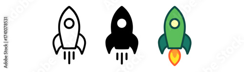 Three rocket icons: outline, solid, and colorful variants