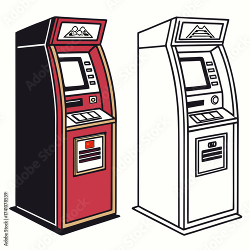 Red black and gold A T M machine vector illustration and outline