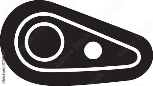 A black and white graphic design featuring an abstract shape with circular elements on a light background