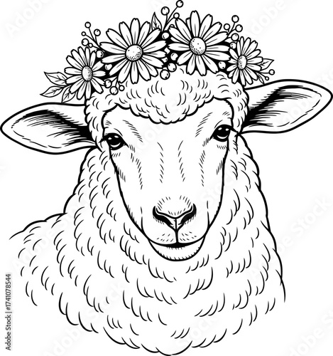 Head of a sheep wearing a daisy flower wreath. Cute animal farm, springtime concept. Outline style vector illustration for print, coloring book