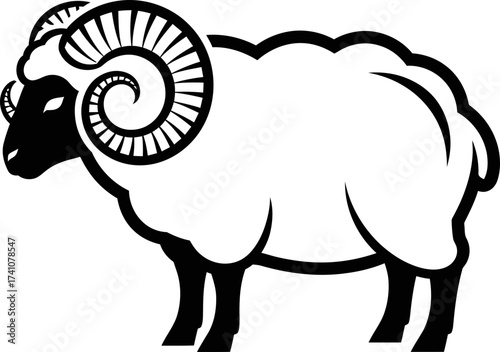 Stylized ram with large curved horns. Animal symbol of strength, determination, and tenacity. Vector illustration for logo, emblem or mascot