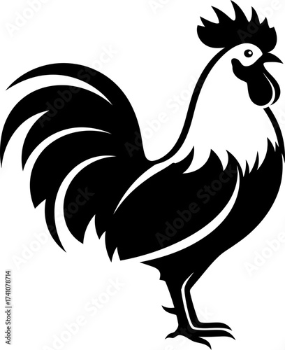 Rooster or cock, a male fowl, standing side view, domestic fowl animal or chicken farm concept. Flat vector illustration for logo