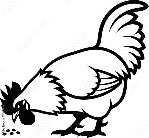 Chicken pecking at grain. Farm animal illustration in black and white minimalist style. Vector illustration for agricultural concept, icon or logo design