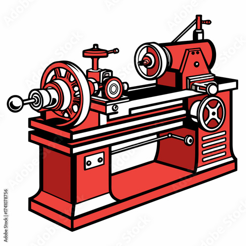 Red industrial lathe machine vector illustration machinery