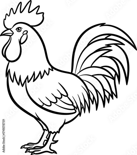 Rooster animal stand side view with comb and wattle. Poultry bird mascot. Coloring page. Simple line art farming vector illustration