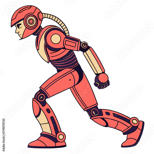 Red humanoid robot in motion vector illustration machine