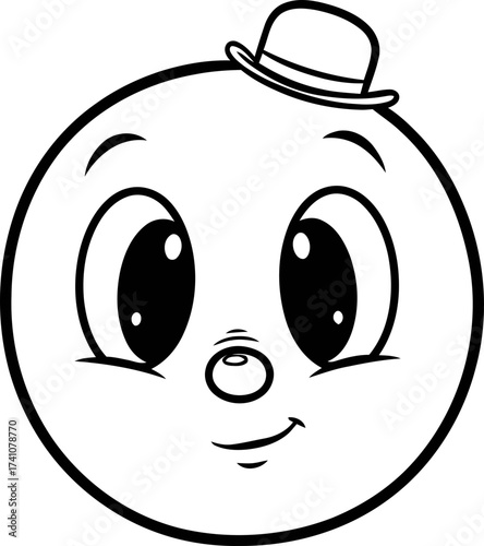 Round character face with bowler hat. Retro style funny cute emoji mascot for design element, children book, sticker, icon, symbol, vector illustration