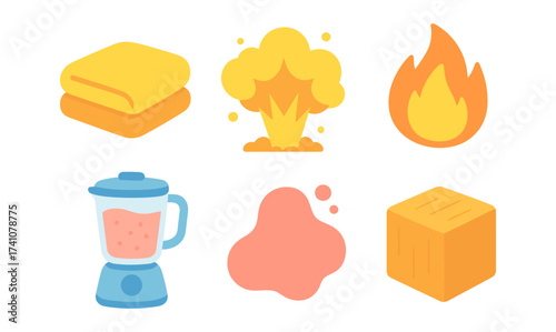 Colorful flat icons of blanket, explosion, fire, blender, blob, and cube
