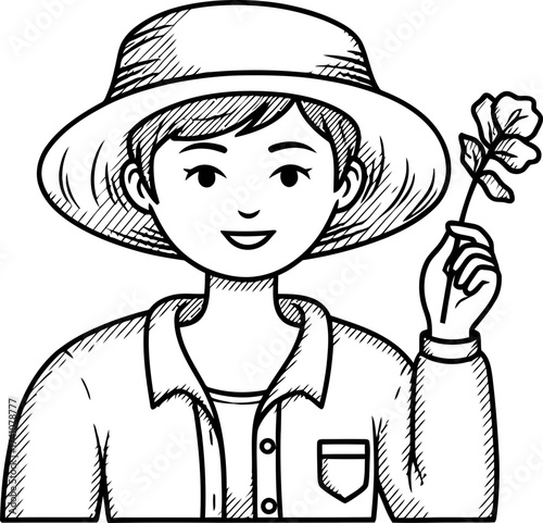 Young woman with a sun hat holding a flower, smiling. Sketch concept. Vector illustration for avatar, coloring book