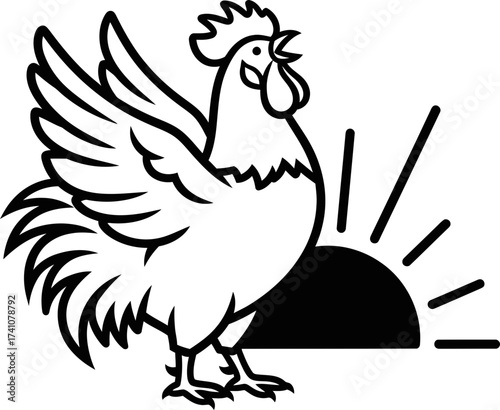 Rooster standing with sunrise behind it, concept for morning, farm animal, agriculture, dawn, food. Vector illustration for logo, icon, product, banner