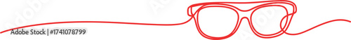 Continuous single line glasses in red color on white background. Minimalism graphic design concept of vision aid. Vector illustration for web, print design