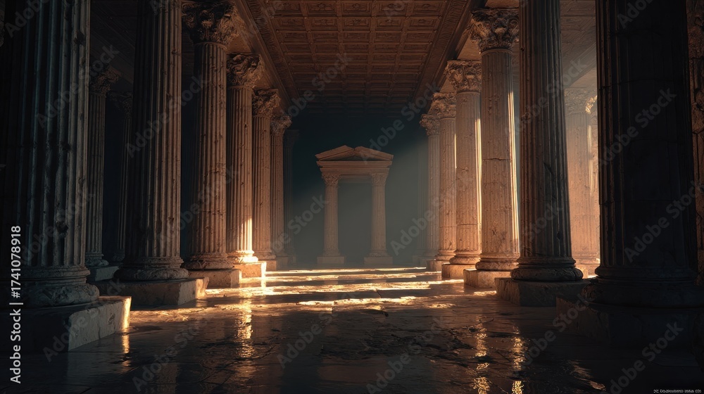 Fototapeta premium Ethereal Light Illuminating Ancient Stone Columns and Archway Structure