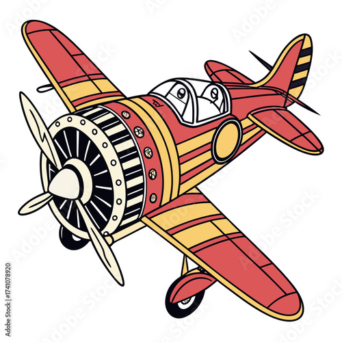 Red yellow airplane with two pilots cartoon style engine
