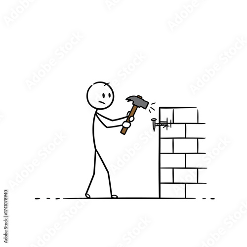 Stick figure attempts construction hammering bricks simple line art isolated on white background