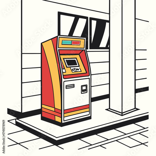 Red yellow and teal atm machine on tiled floor cash machine
