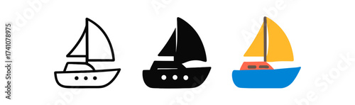 Three sailboats: minimal line art, silhouette, and colorful design variations