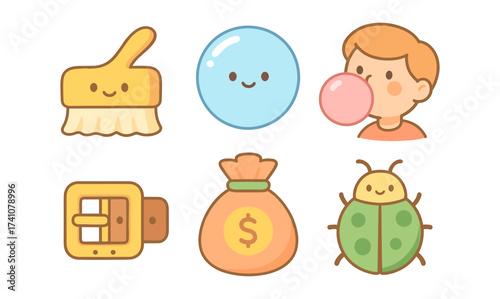 Cute cartoon icons: character designs of everyday objects and bubble gum blowing