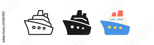 Cruise ship icons in linear, silhouette, and flat styles
