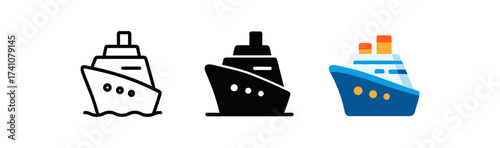 Cruise ship icons: outline, silhouette, and colorful flat designs for nautical themes