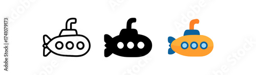 Colorful submarine designs in flat, silhouette, and outline styles