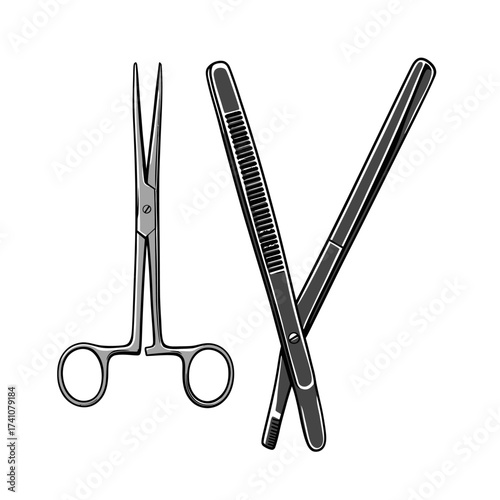 Surgical instruments including forceps and scissors isolated on for medical professionals isolated on white background