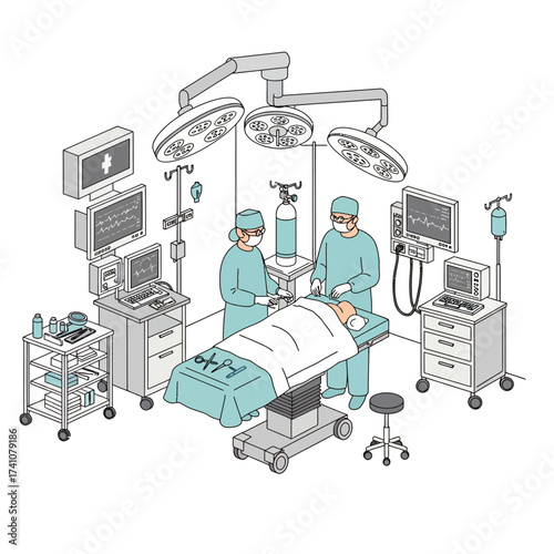 Detailed overhead view of a modern operating room setup with surgical team and advanced medical equipment isolated on white background