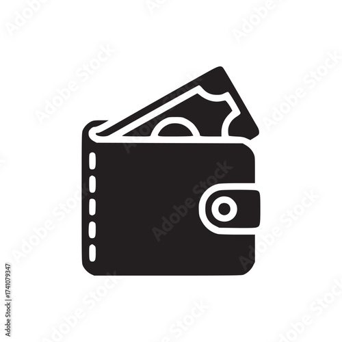 A simple icon of a dark blue wallet with a bill sticking out against a white background space for text