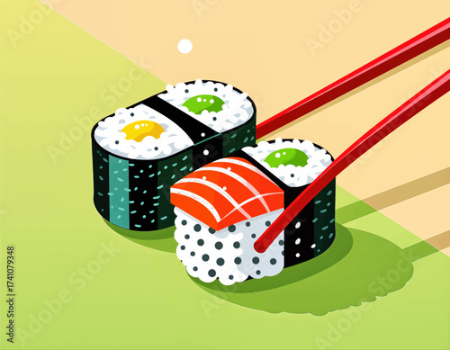 Delicious Sushi Rolls with Chopsticks on Green Table