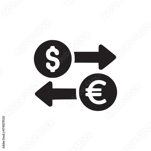 A simple icon representing dollar and euro currency exchange with arrows on a white background