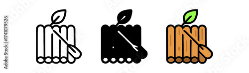 Flat wooden raft icon set with leaf and paddle in line art style