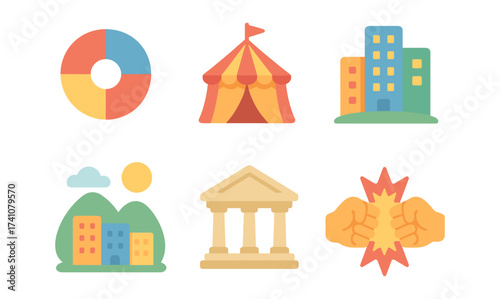 Flat style colorful icons: circus tent, cityscape, nature, architecture, conflict symbol