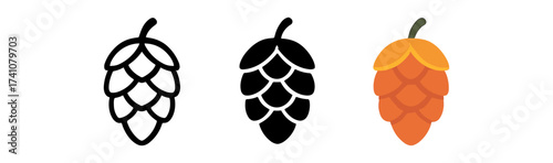 Hop cones in various styles: outline, silhouette, and full color