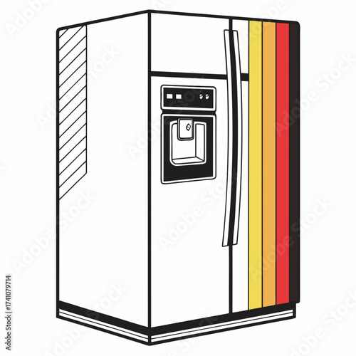 Retro refrigerator with colorful stripes and water dispenser