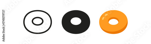 Minimalist evolution of donut icons: outline, solid, and glossy styles